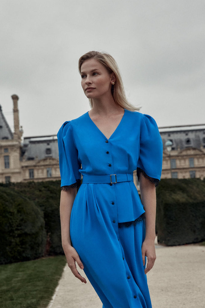 Lace Decorated Button Front Midi Dress with Belt - POST MERIDIEM