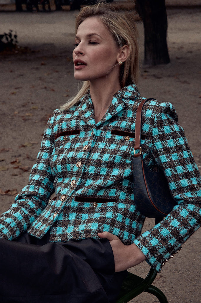 Single Breasted Velvet Trim Plaid Jacket - POST MERIDIEM