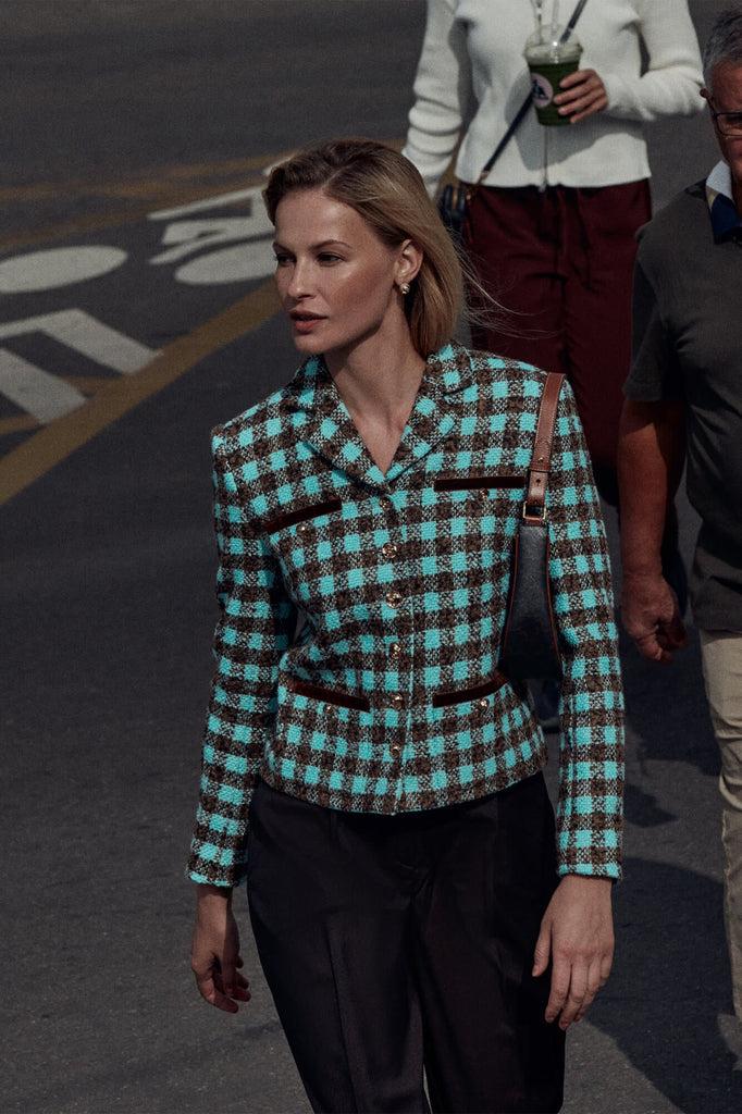 Single Breasted Velvet Trim Plaid Jacket - POST MERIDIEM