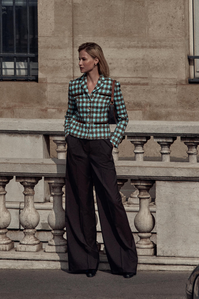 Single Breasted Velvet Trim Plaid Jacket - POST MERIDIEM