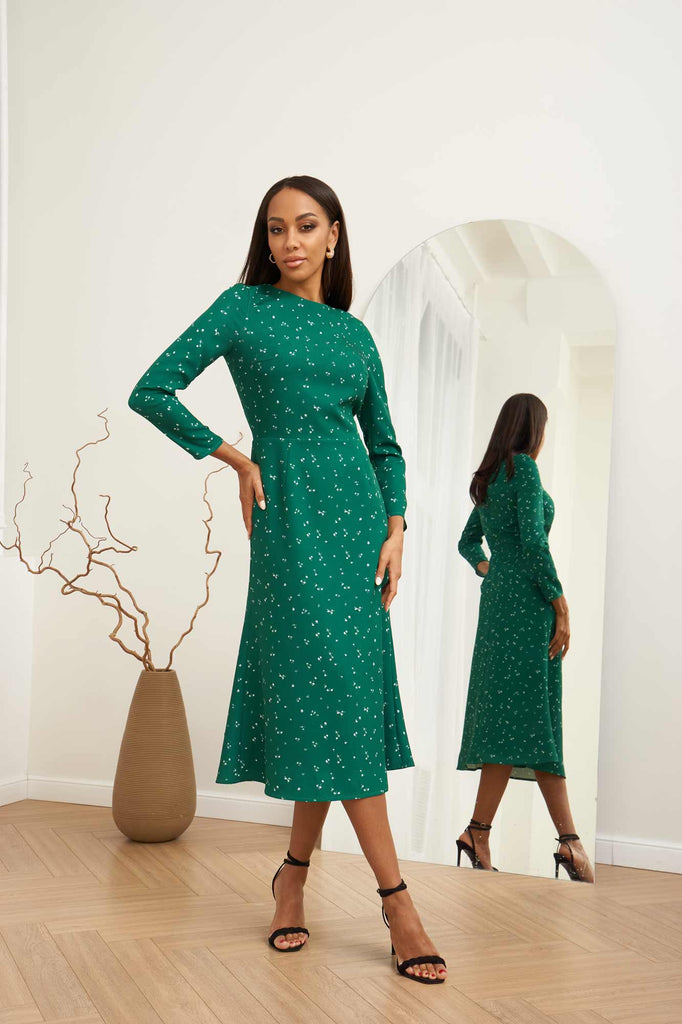 Godet Silhouette Long Sleeve Midi Dress - POST MERIDIEM