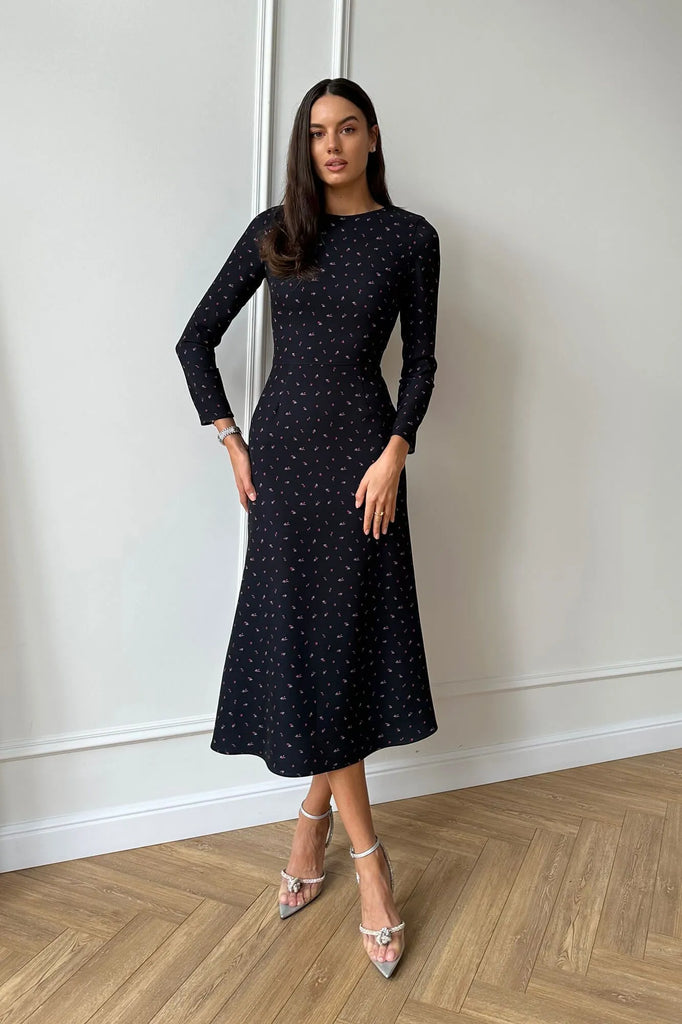 Godet Silhouette Long Sleeve Midi Dress - POST MERIDIEM
