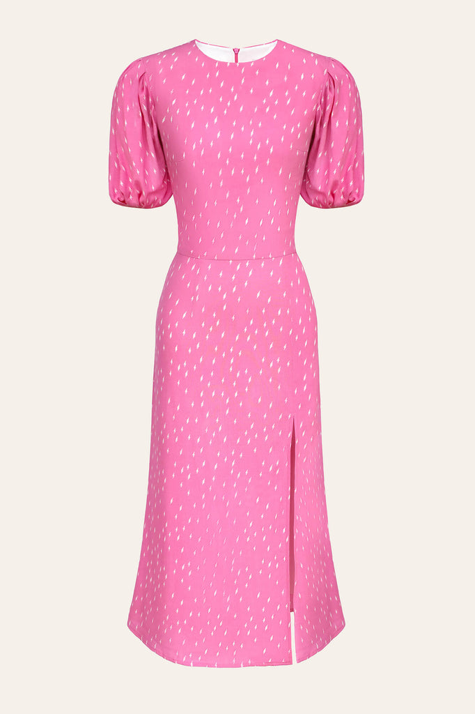 Viscose Puff Sleeve Slit Midi Dress - POST MERIDIEM