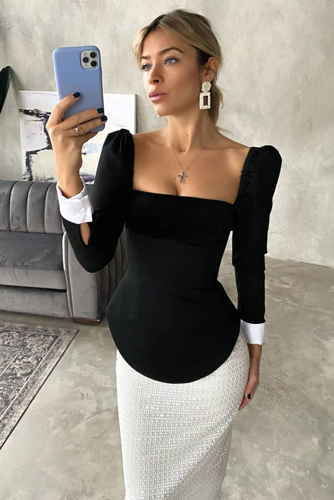 Long Sleeve Velvet Detail Top - POST MERIDIEM