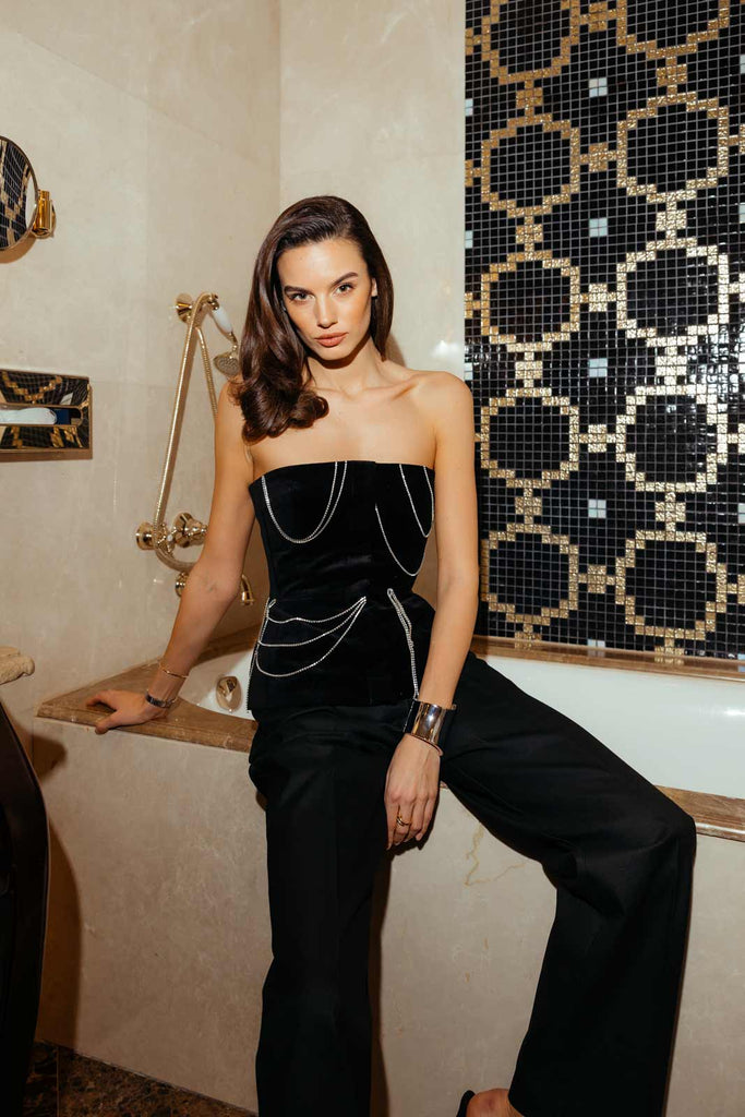 Velvet Decorated Button Front Top - POST MERIDIEM