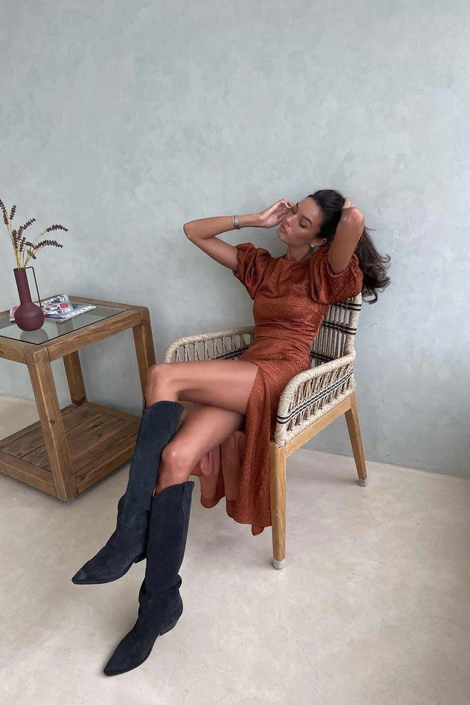 Viscose Puff Sleeve Slit Midi Dress - POST MERIDIEM