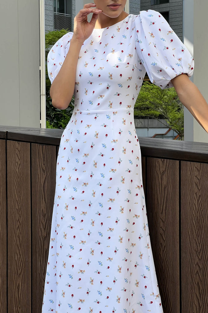 Puff Sleeve Printed Midi Dress - POST MERIDIEM