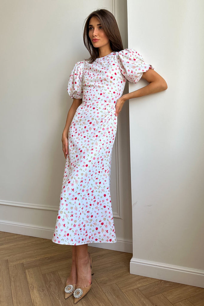 Puff Sleeve Printed Midi Dress - POST MERIDIEM