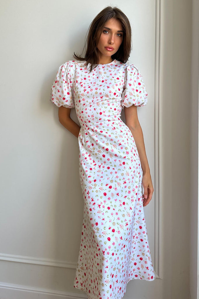 Puff Sleeve Printed Midi Dress - POST MERIDIEM