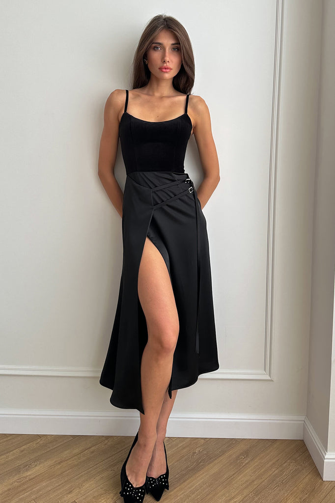 Velvet Bodice Decorated Straps Midi Dress - POST MERIDIEM