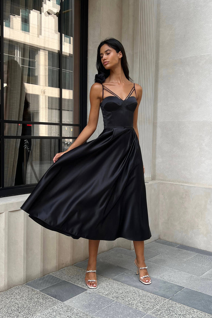 Rose Detail Bell Corset Midi Dress - POST MERIDIEM