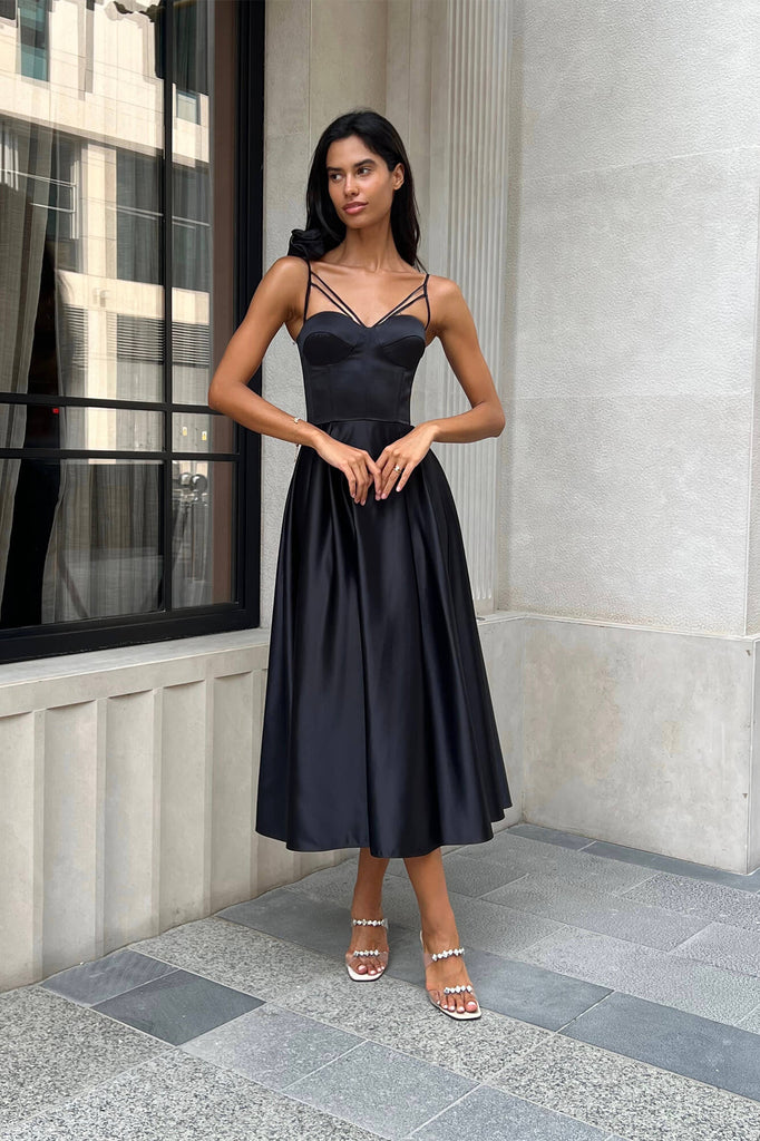 Rose Detail Bell Corset Midi Dress - POST MERIDIEM