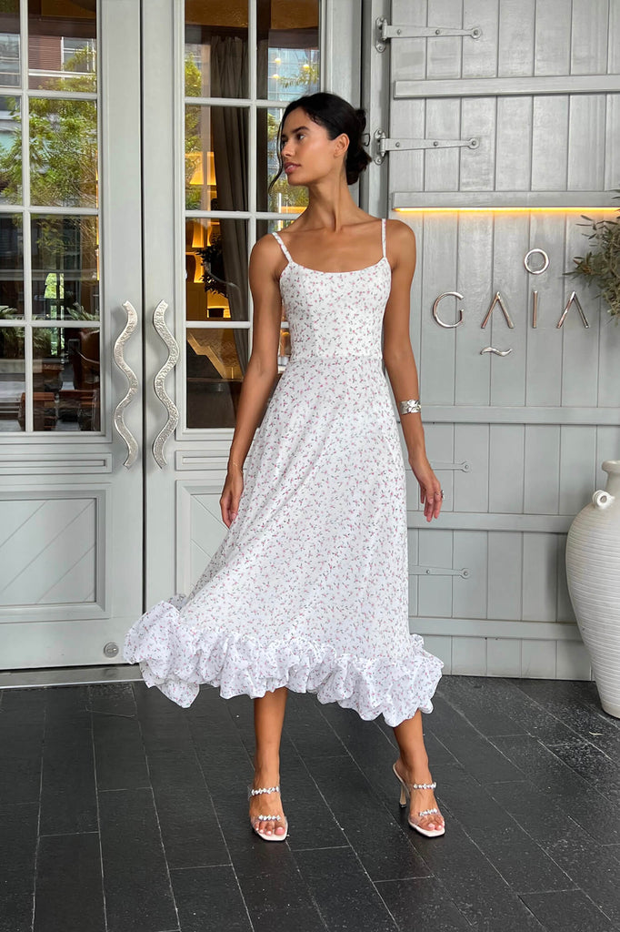 Floral Flounce Bustier Midi Dress - POST MERIDIEM