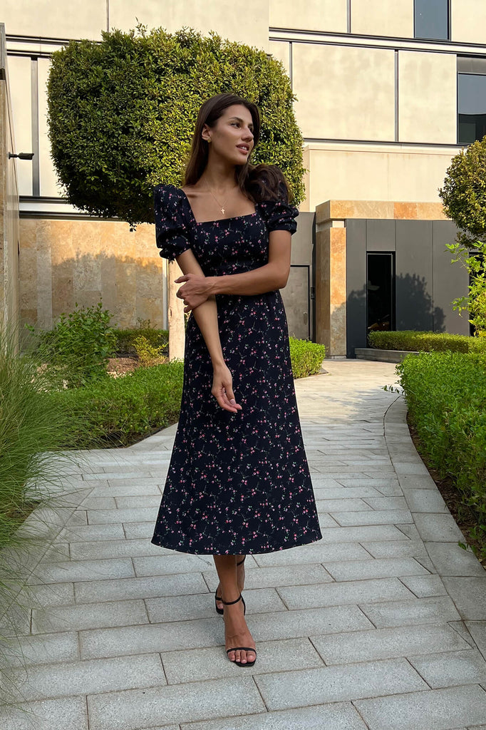 Godet Silhouette Square Neck Midi Dress - POST MERIDIEM