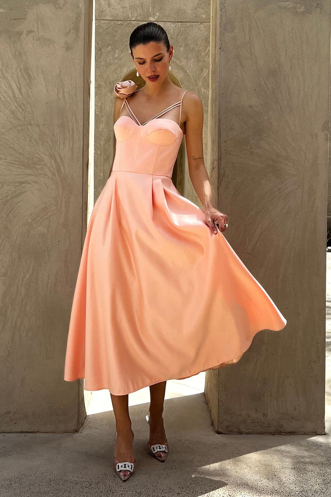 Rose Detail Bell Corset Midi Dress - POST MERIDIEM