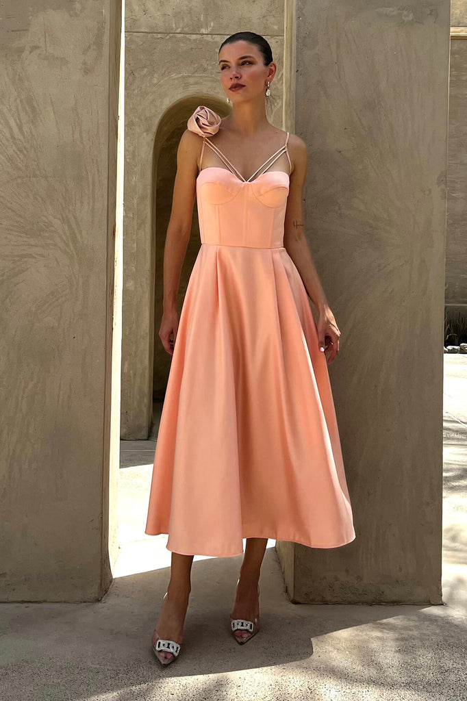 Rose Detail Bell Corset Midi Dress - POST MERIDIEM