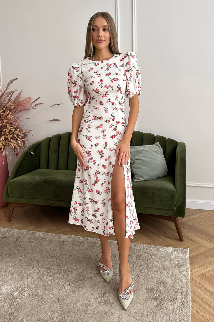 Viscose Puff Sleeve Slit Midi Dress - POST MERIDIEM