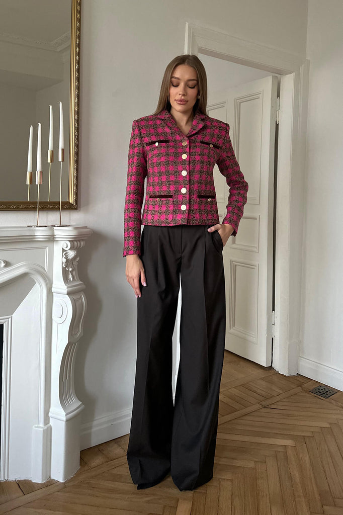 Single Breasted Velvet Trim Plaid Jacket - POST MERIDIEM