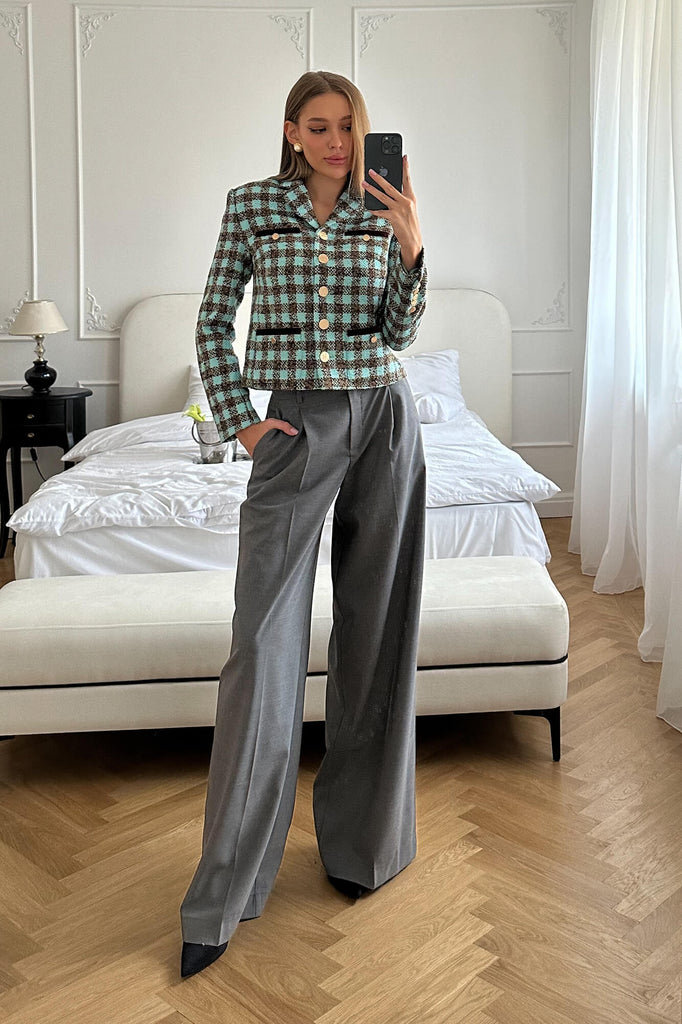 Single Breasted Velvet Trim Plaid Jacket - POST MERIDIEM