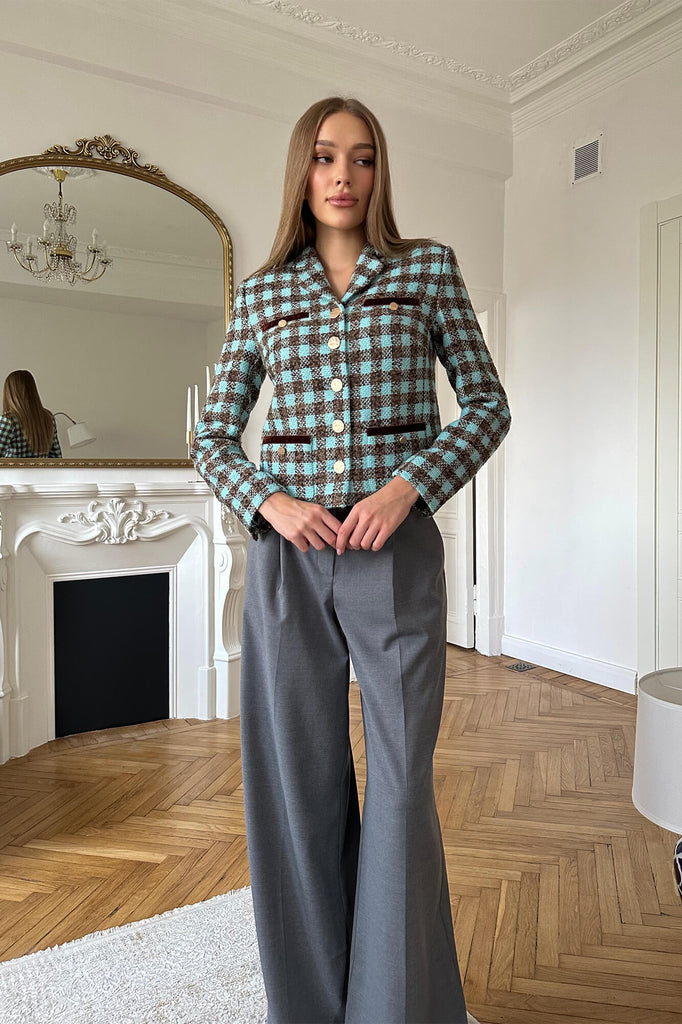 Single Breasted Velvet Trim Plaid Jacket - POST MERIDIEM