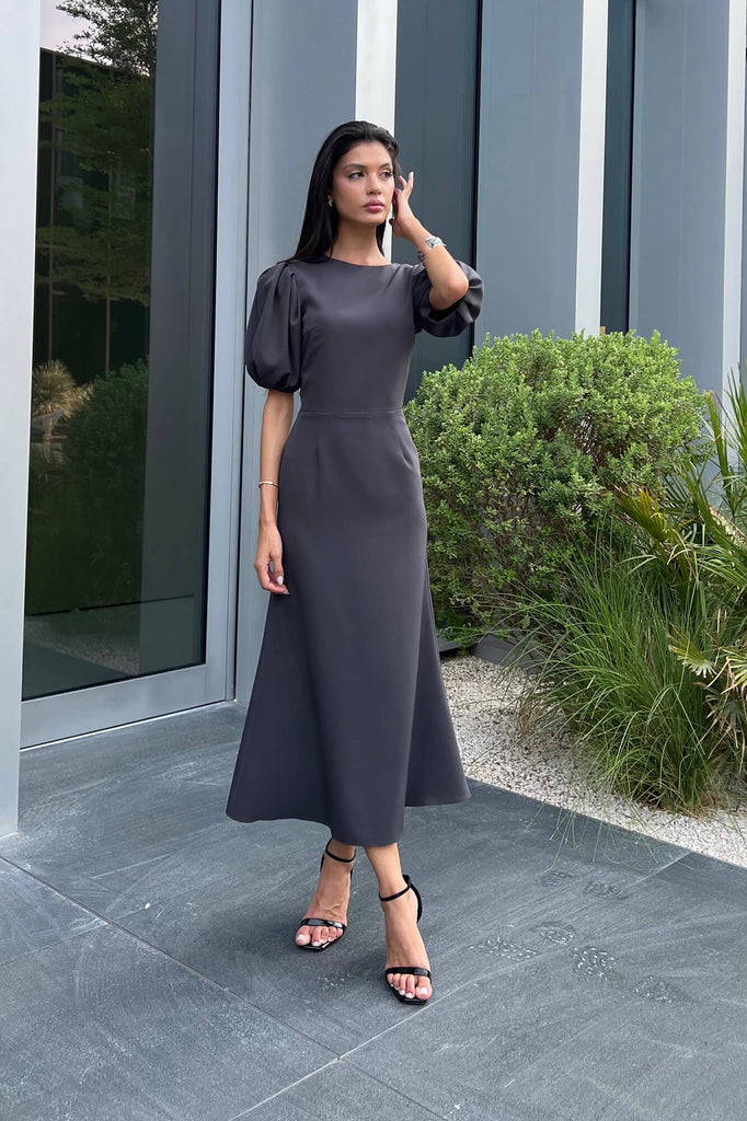 Godet Silhouette Puff Sleeve Midi Dress - POST MERIDIEM