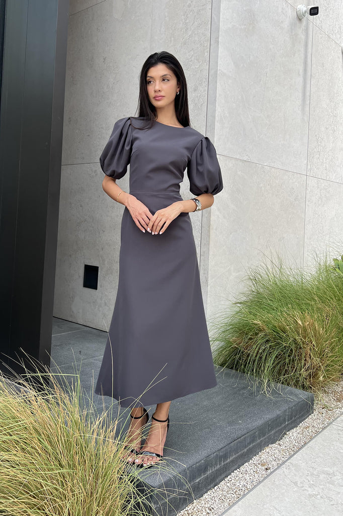 Godet Silhouette Puff Sleeve Midi Dress - POST MERIDIEM