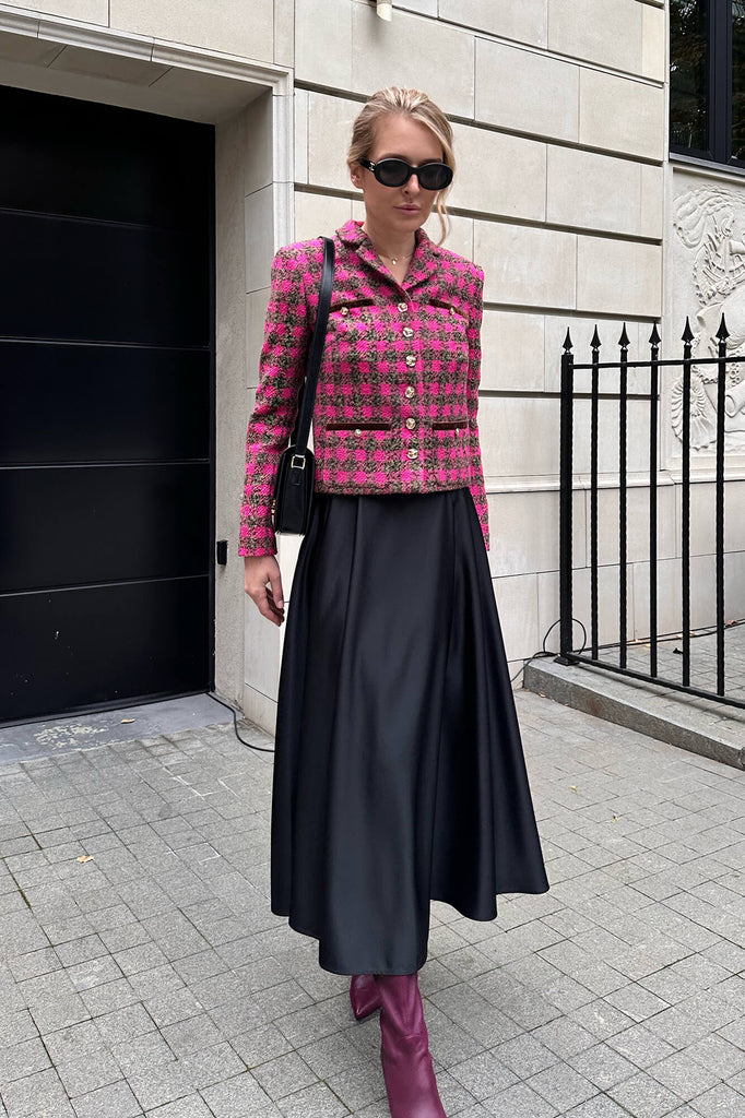 Single Breasted Velvet Trim Plaid Jacket - POST MERIDIEM