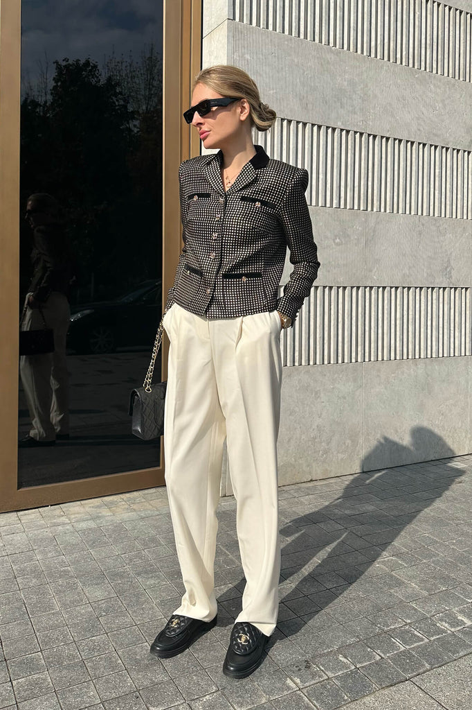 Single Breasted Velvet Trim Plaid Jacket - POST MERIDIEM