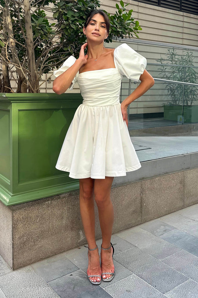 Puffy Sleeve Draped Bodice Mini Dress - POST MERIDIEM