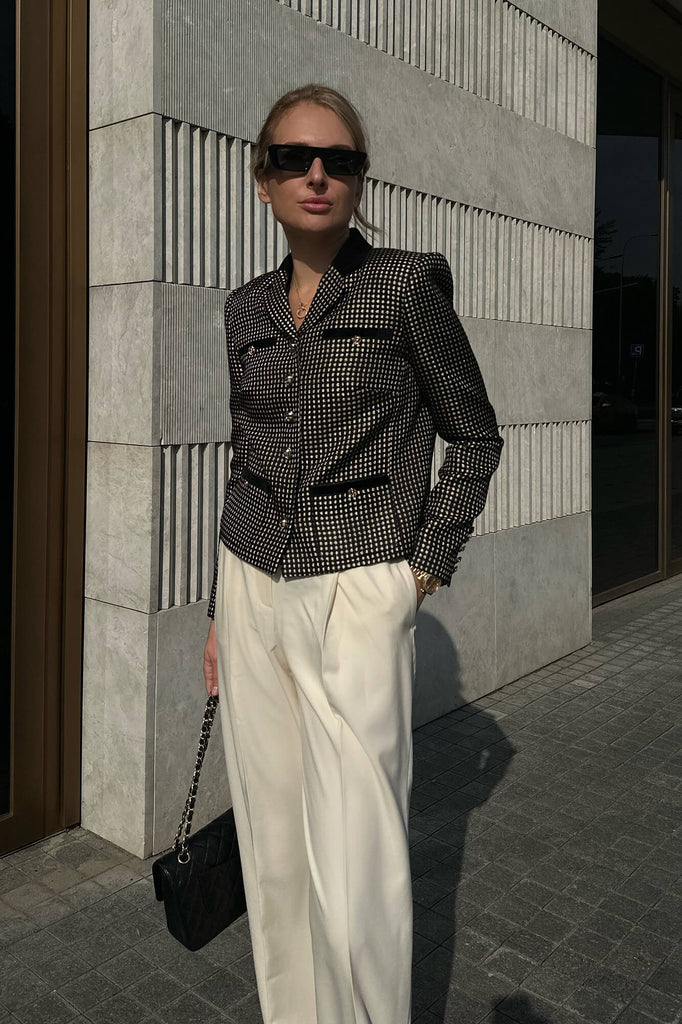 Single Breasted Velvet Trim Plaid Jacket - POST MERIDIEM