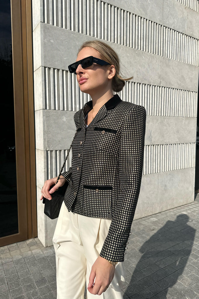 Single Breasted Velvet Trim Plaid Jacket - POST MERIDIEM