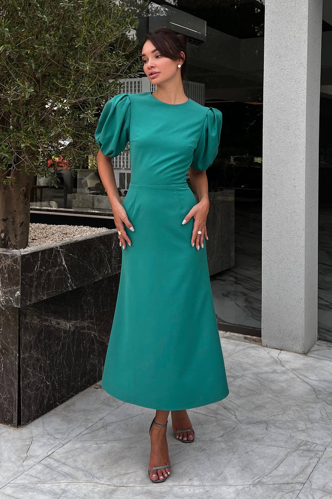 Godet Silhouette Puff Sleeve Midi Dress - POST MERIDIEM