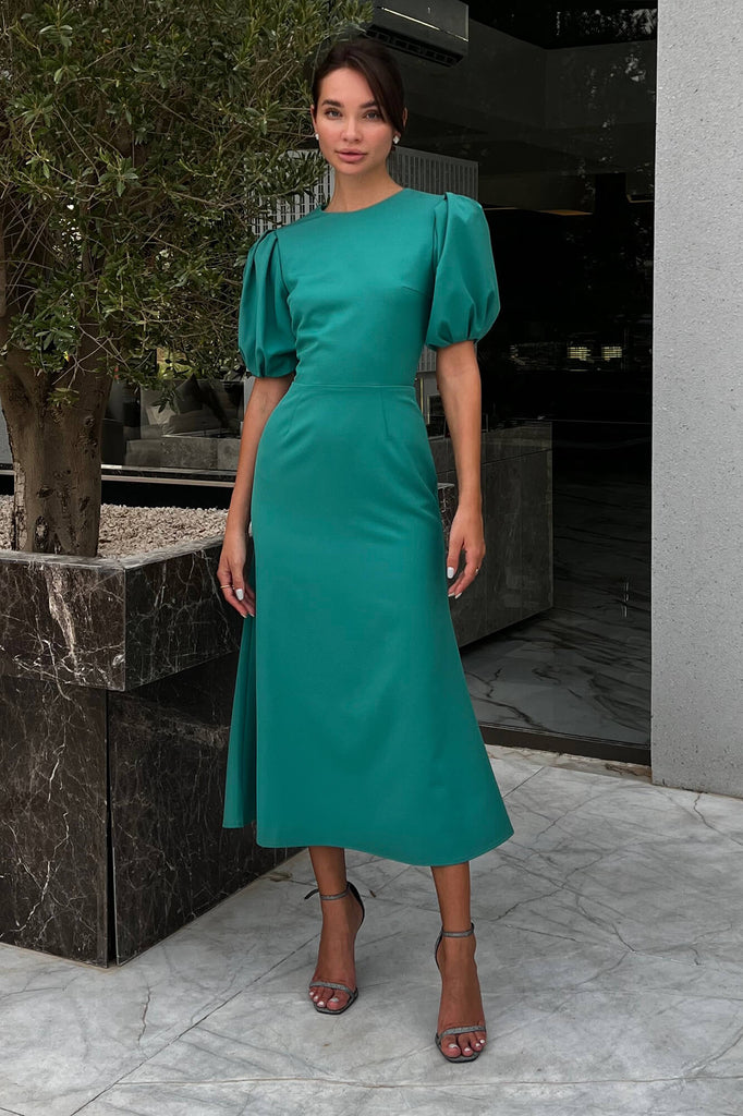 Godet Silhouette Puff Sleeve Midi Dress - POST MERIDIEM