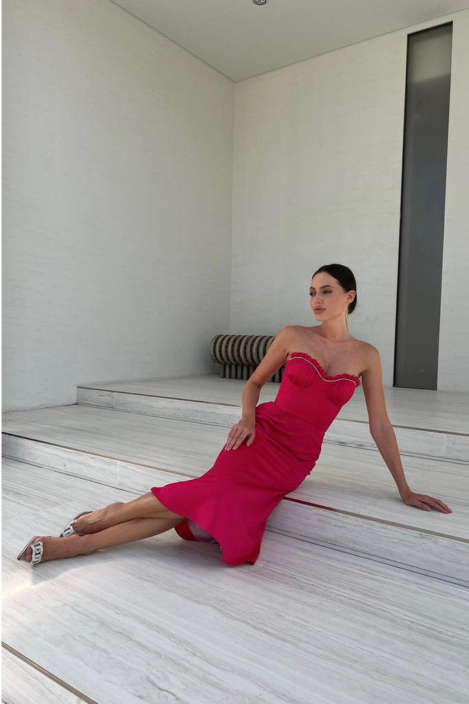 Bustier Draped Sequin Decorated Bodice Midi Dress - POST MERIDIEM