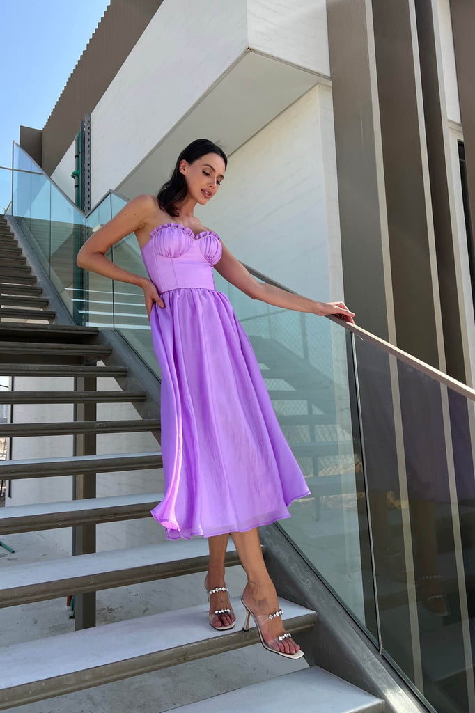 Draped Bodice Pleated Midi Dress - POST MERIDIEM