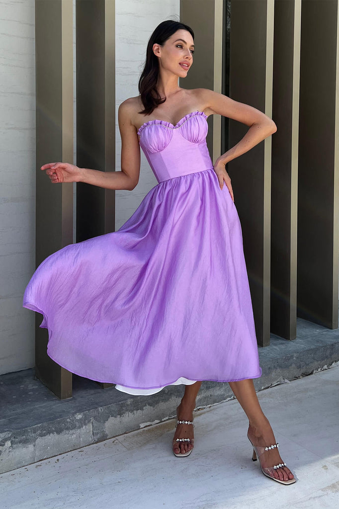 Draped Bodice Pleated Midi Dress - POST MERIDIEM