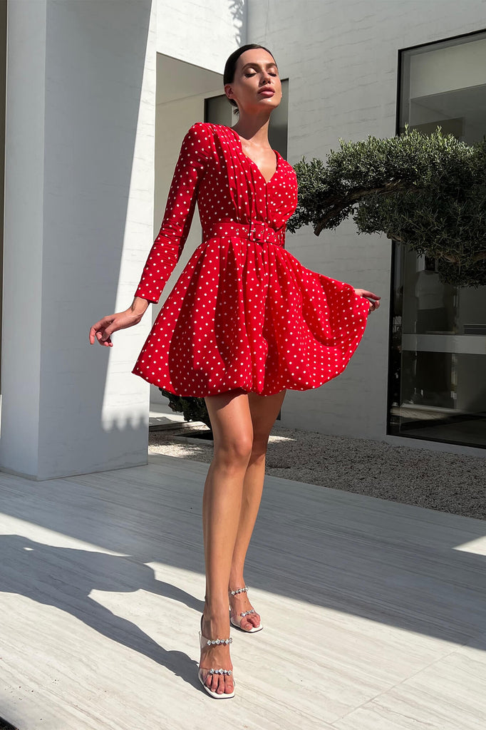Long Sleeve Pleated Bodice Mini Belted Dress - POST MERIDIEM