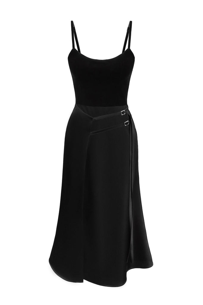 Velvet Bodice Decorated Straps Midi Dress - POST MERIDIEM