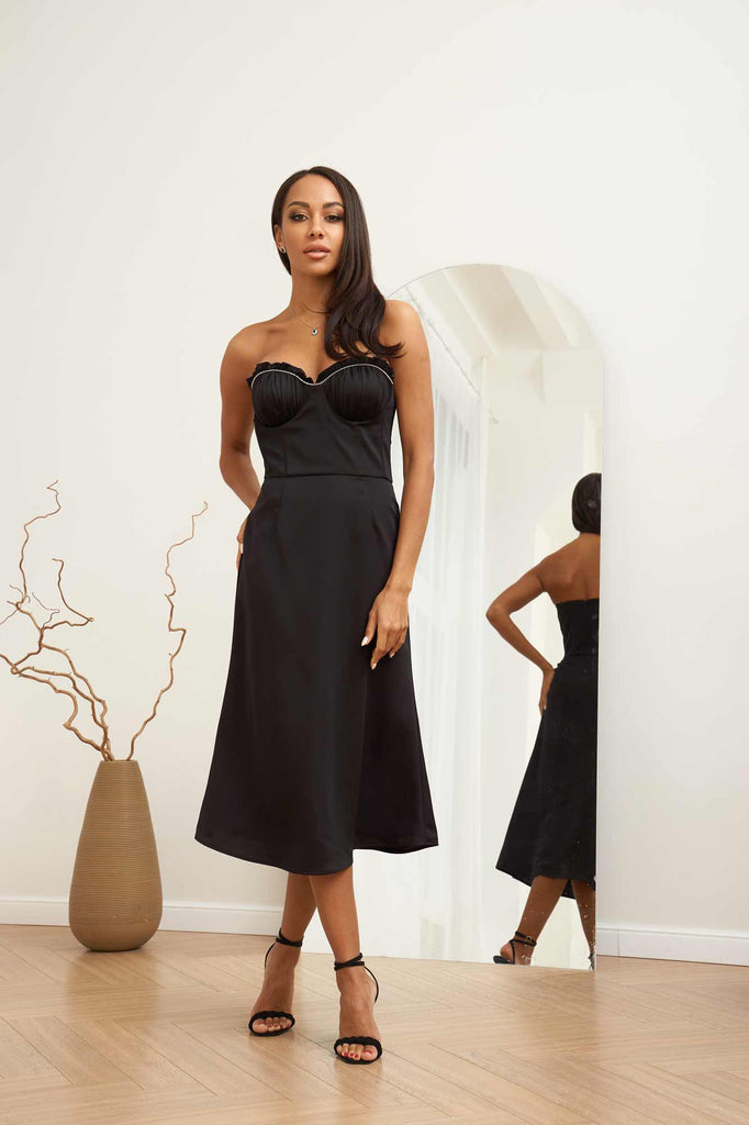 Bustier Draped Sequin Decorated Bodice Midi Dress - POST MERIDIEM