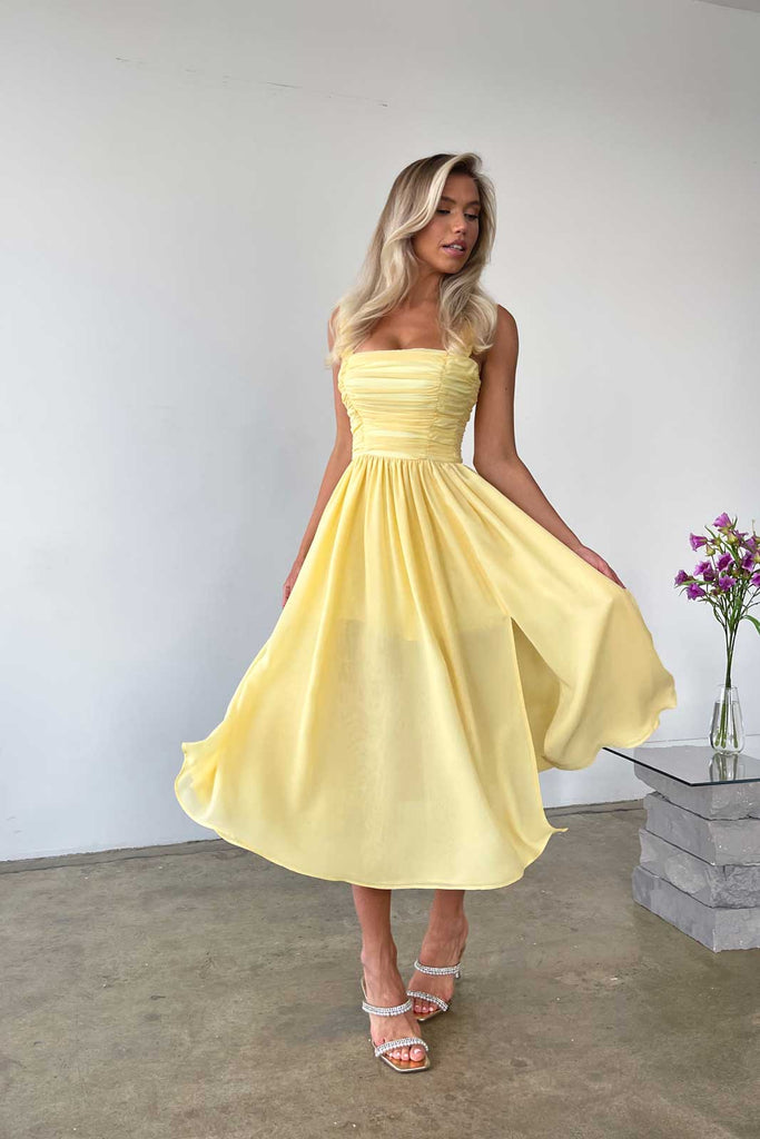 Draped Bodice Chiffon Midi Dress - POST MERIDIEM