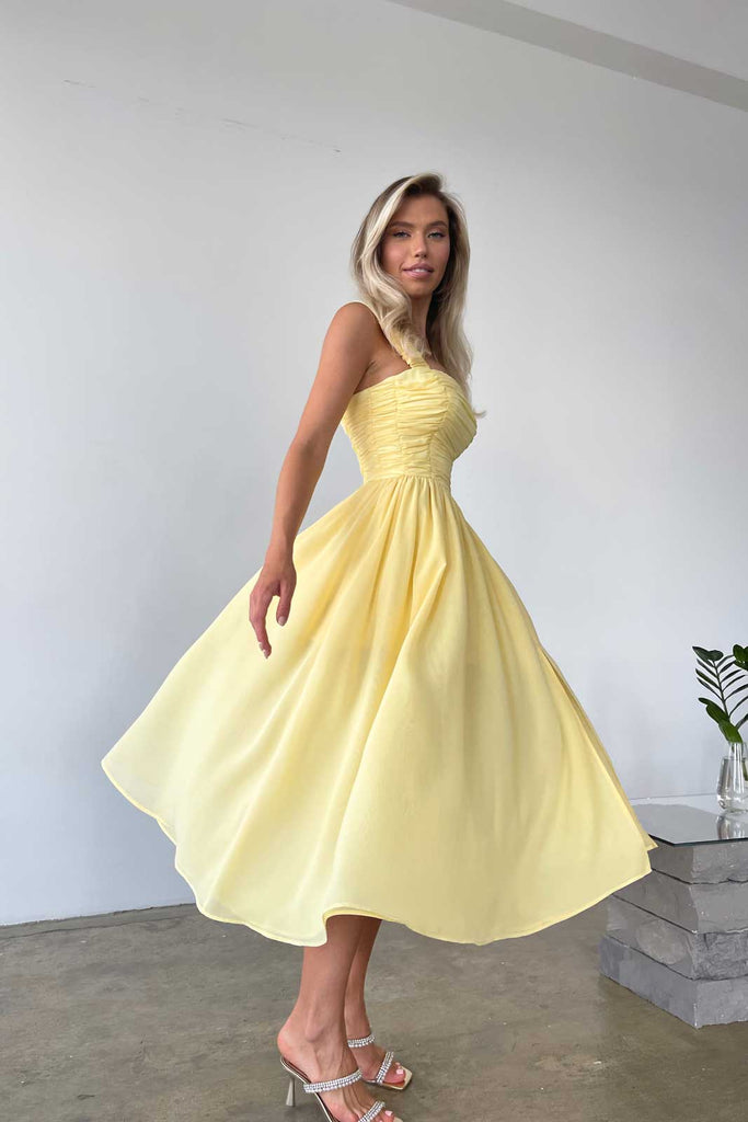 Draped Bodice Chiffon Midi Dress - POST MERIDIEM