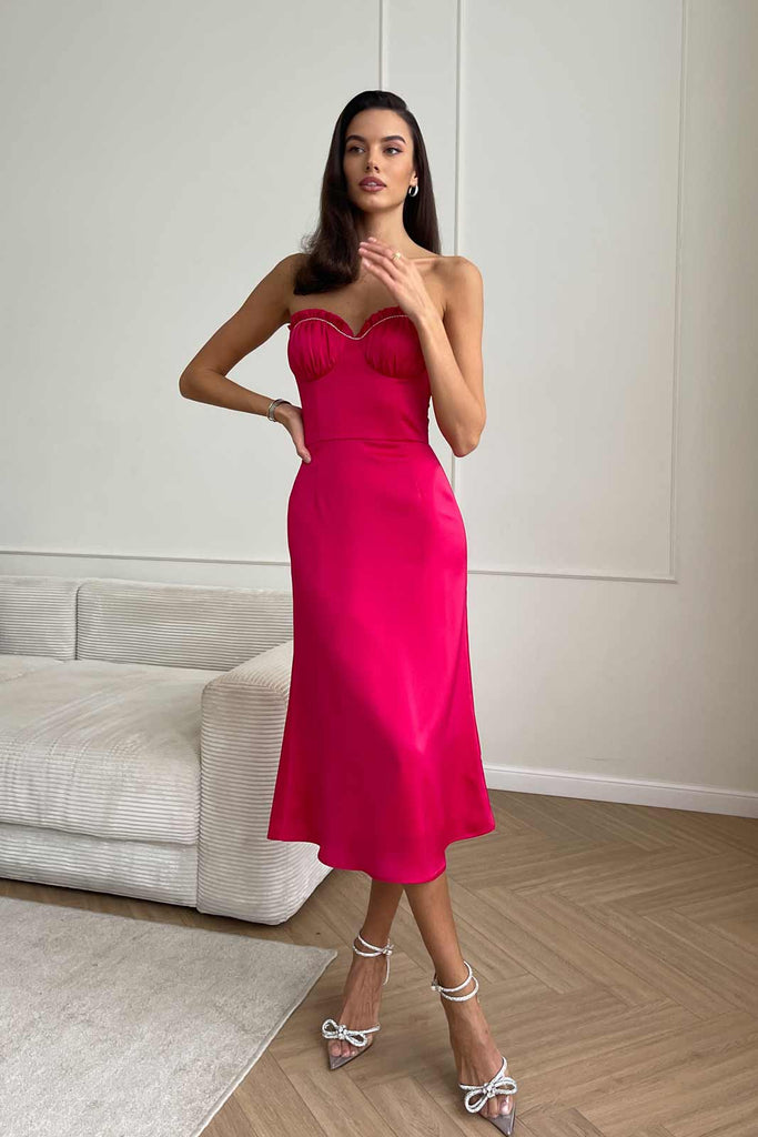 Bustier Draped Sequin Decorated Bodice Midi Dress - POST MERIDIEM
