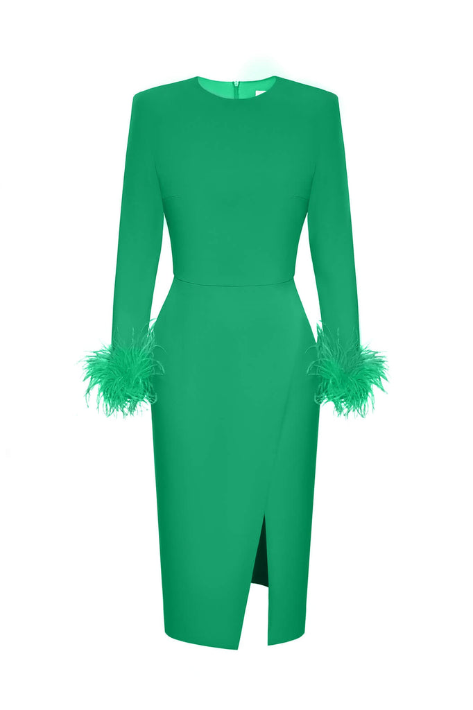 Wrap Feather Sleeve Midi Dress - POST MERIDIEM