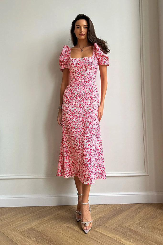 Godet Silhouette Square Neck Midi Dress - POST MERIDIEM