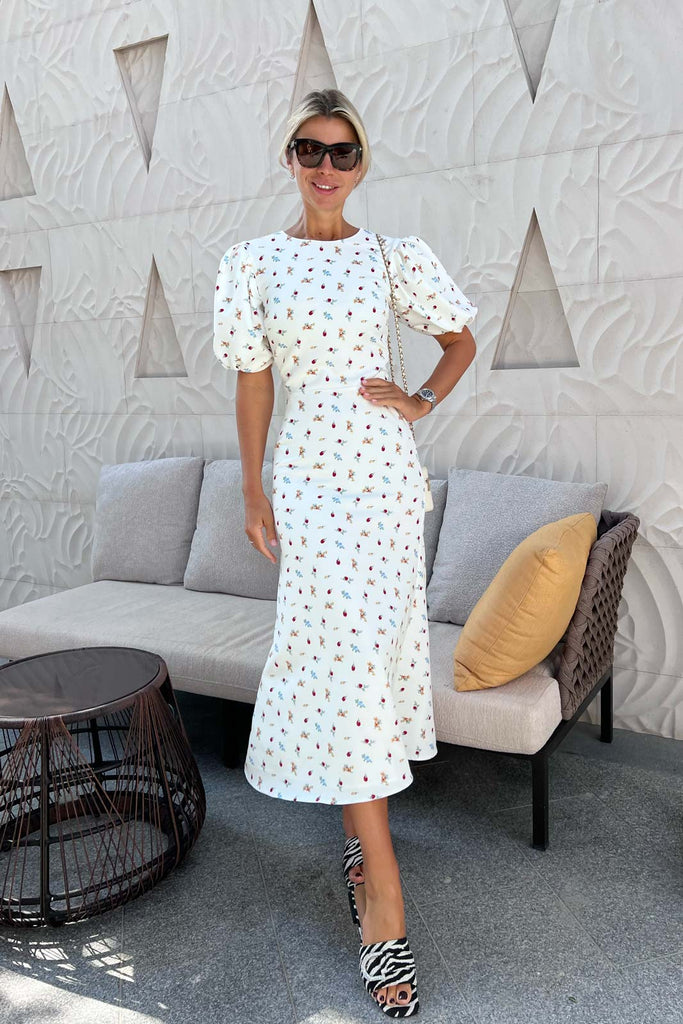 Puff Sleeve Printed Midi Dress - POST MERIDIEM