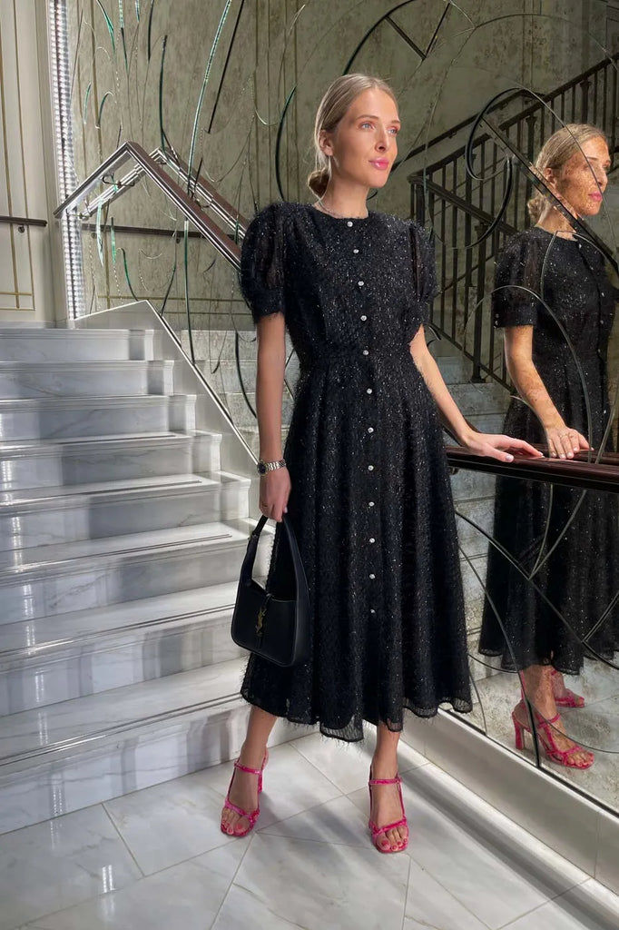 Sequin Button Front Midi Dress - POST MERIDIEM